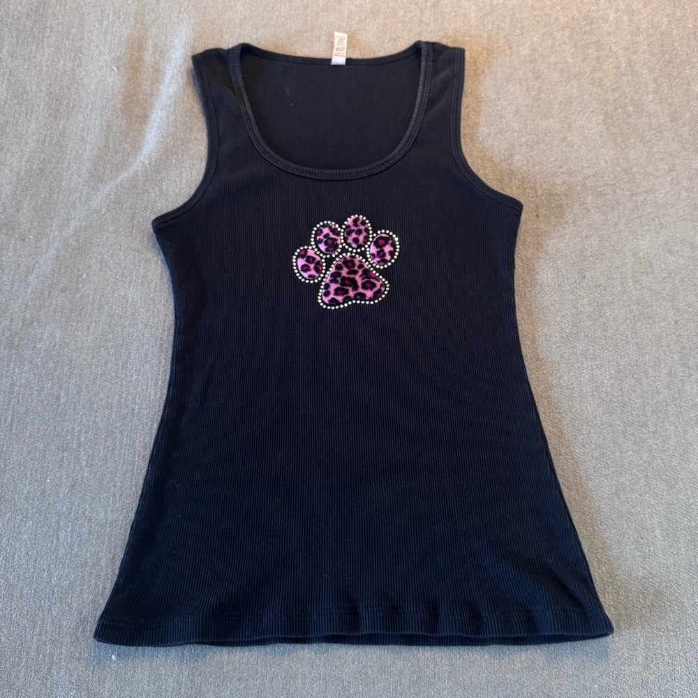 Y2K Black Tank with Pink Leopard Paw Print